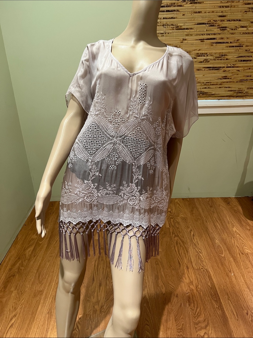 Johnny Was Lavender Embroidered Sheer Fringe Tunic Size M
